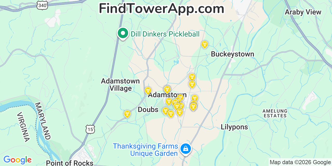 Map showing the 20 primary cell tower locations detected in Adamstown, Maryland from AT&T, Verizon, and T-Mobile networks
