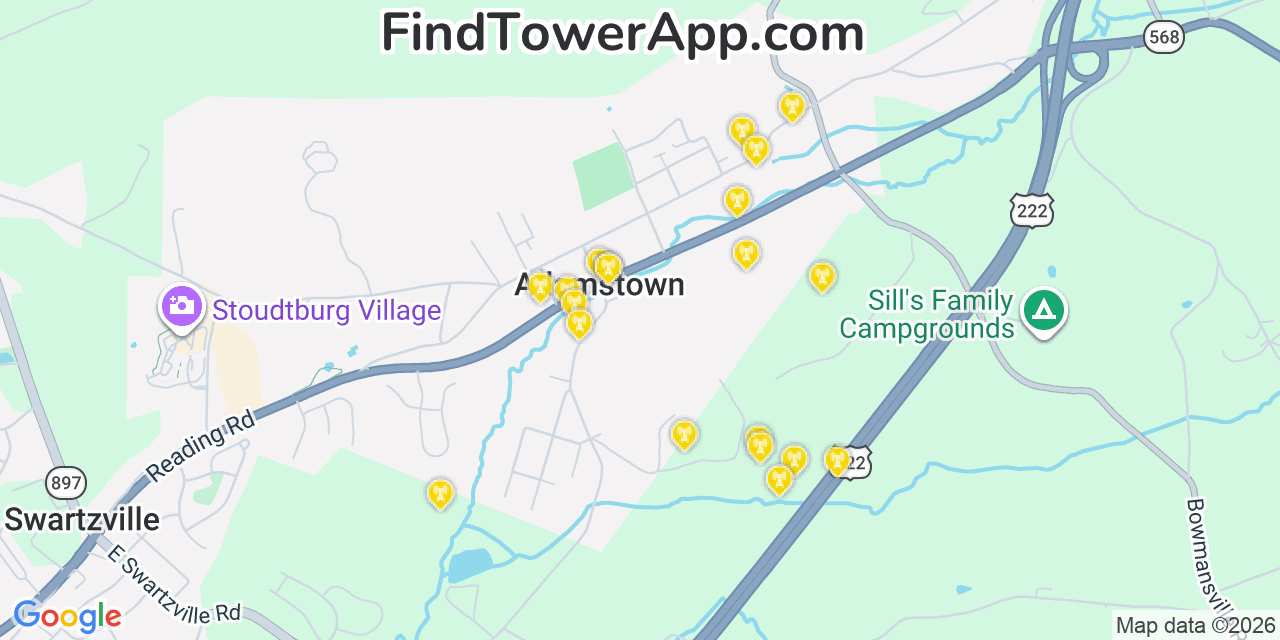 Map showing the 20 primary cell tower locations detected in Adamstown, Pennsylvania from AT&T, Verizon, and T-Mobile networks