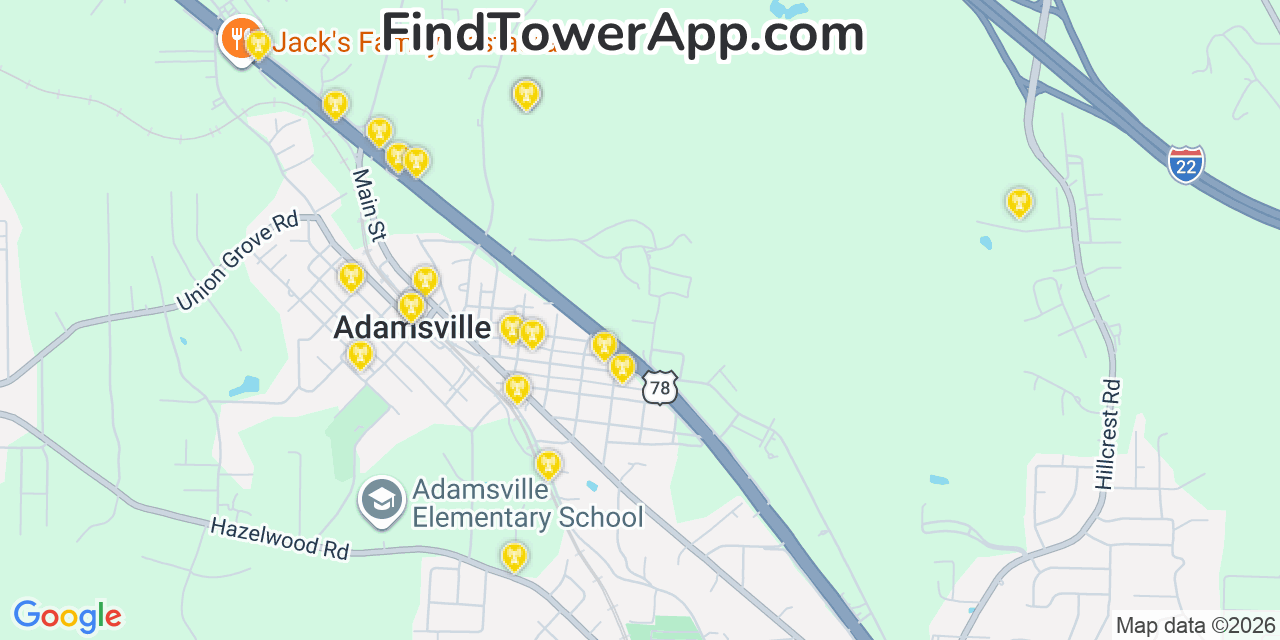 Map showing the 20 primary cell tower locations detected in Adamsville, Alabama from AT&T, Verizon, and T-Mobile networks