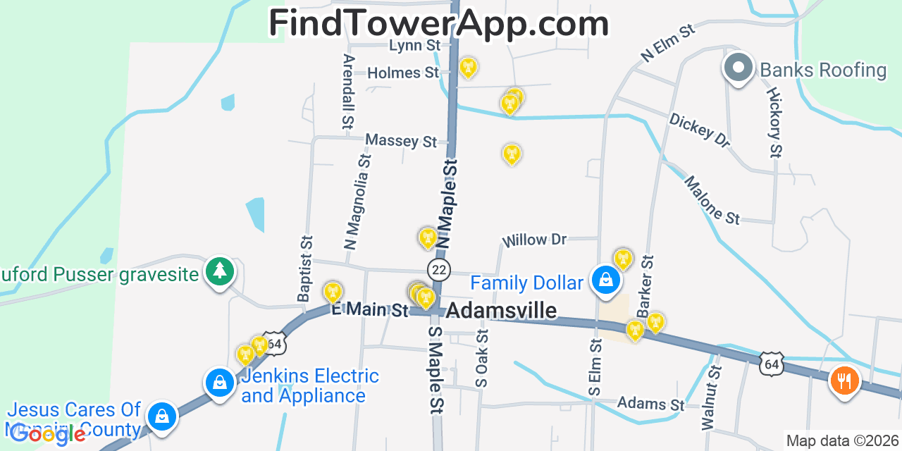 Map showing the 20 primary cell tower locations detected in Adamsville, Tennessee from AT&T, Verizon, and T-Mobile networks
