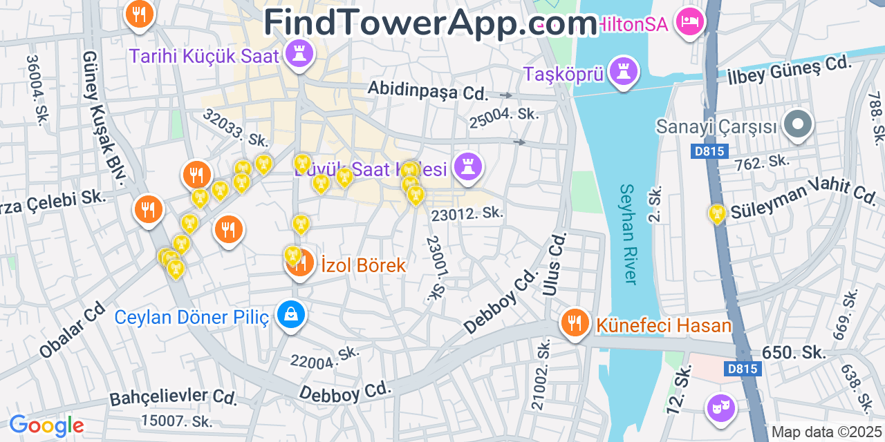 Map showing the 20 primary Türk Telekom cell tower locations in Adana, Turkey