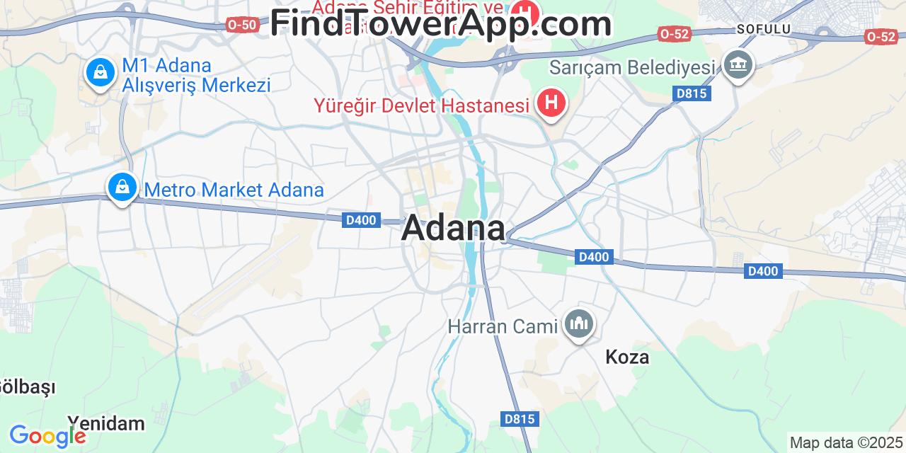 Map showing the 0 primary Vodafone cell tower locations detected in Adana, Turkey with coverage radius and signal strength indicators