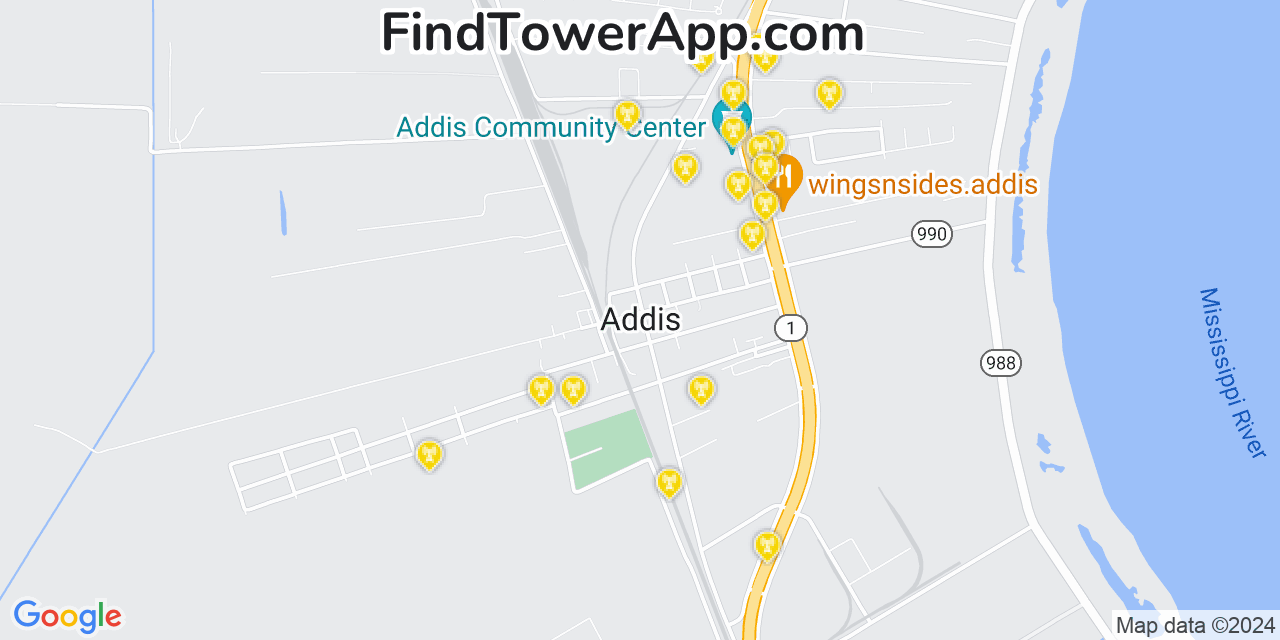 AT&T 4G/5G cell tower coverage map Addis, Louisiana