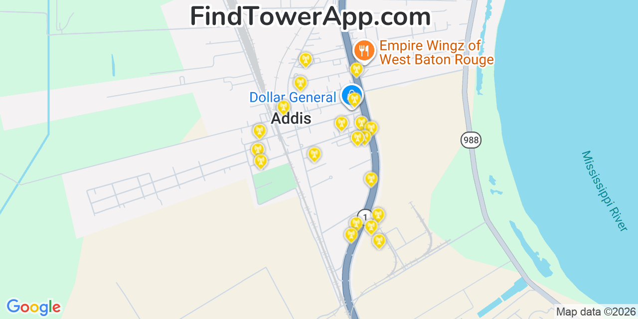 Map showing the 20 primary cell tower locations detected in Addis, Louisiana from AT&T, Verizon, and T-Mobile networks