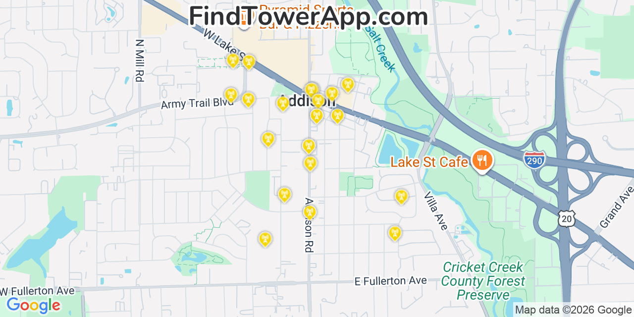 Map showing the 20 primary cell tower locations detected in Addison, Illinois from AT&T, Verizon, and T-Mobile networks