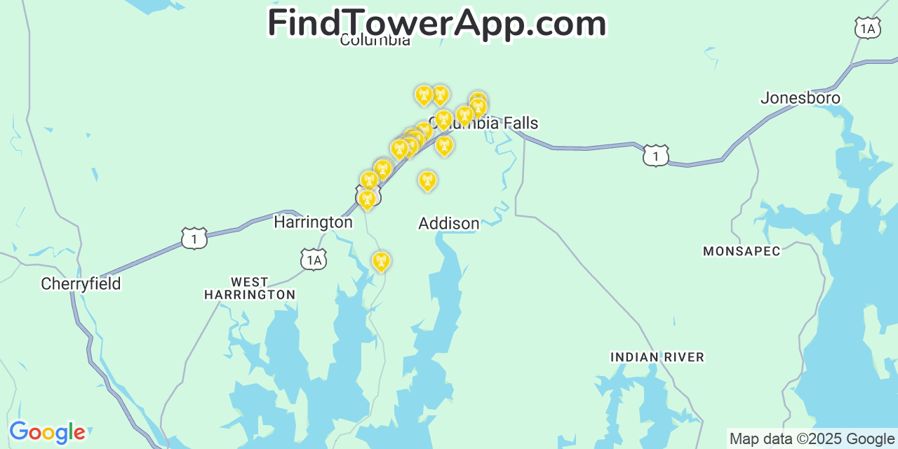 Map showing the 20 primary cell tower locations detected in Addison, Maine from AT&T, Verizon, and T-Mobile networks
