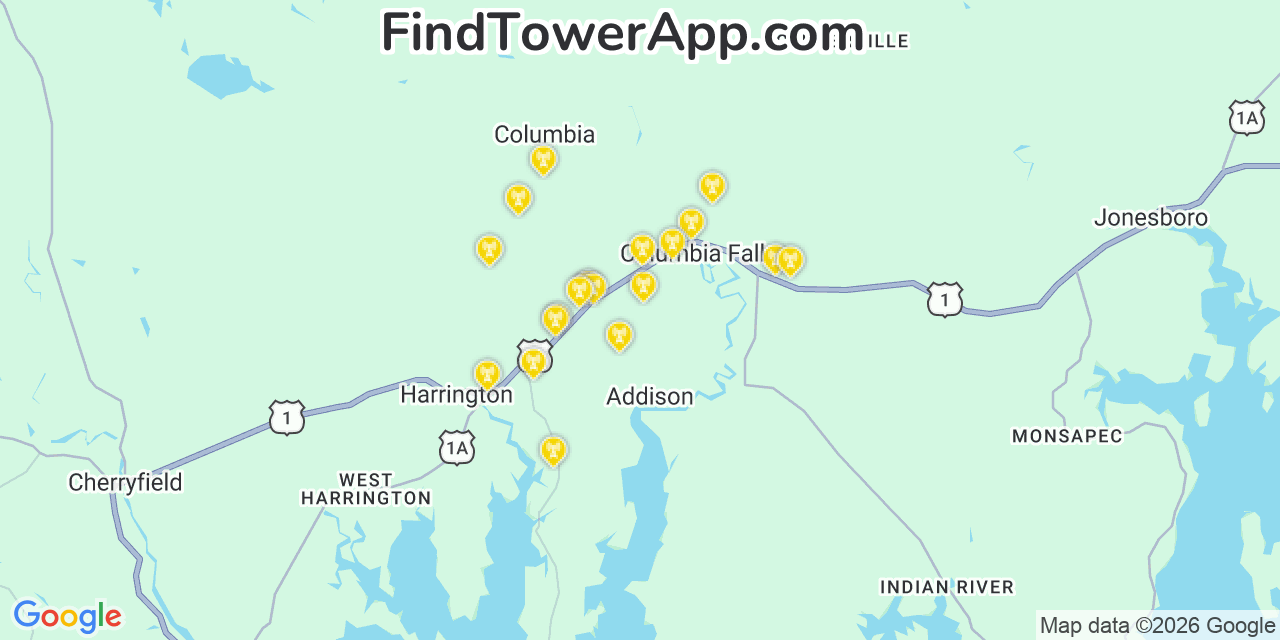 Map showing the 20 primary cell tower locations detected in Addison, Maine from AT&T, Verizon, and T-Mobile networks