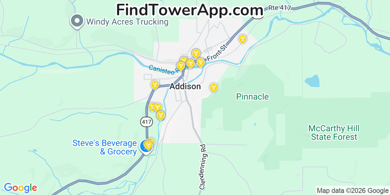 Map showing the 20 primary cell tower locations detected in Addison, New York from AT&T, Verizon, and T-Mobile networks