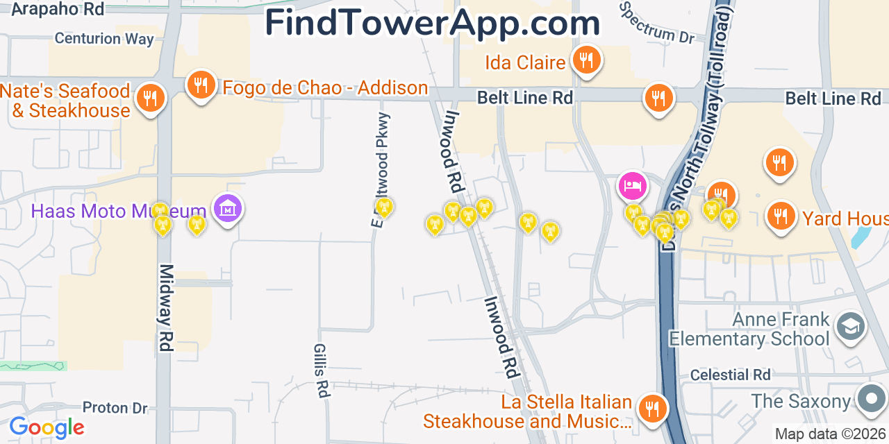 Map showing the 20 primary cell tower locations detected in Addison, Texas from AT&T, Verizon, and T-Mobile networks