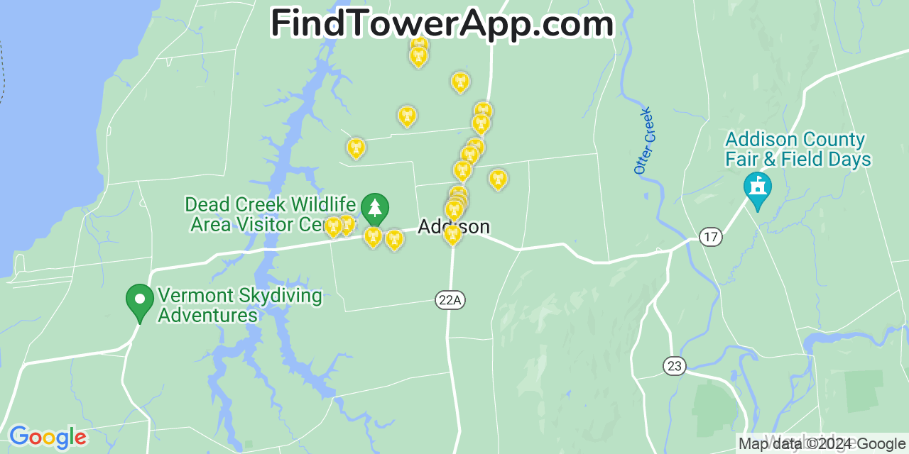 AT&T 4G/5G cell tower coverage map Addison, Vermont