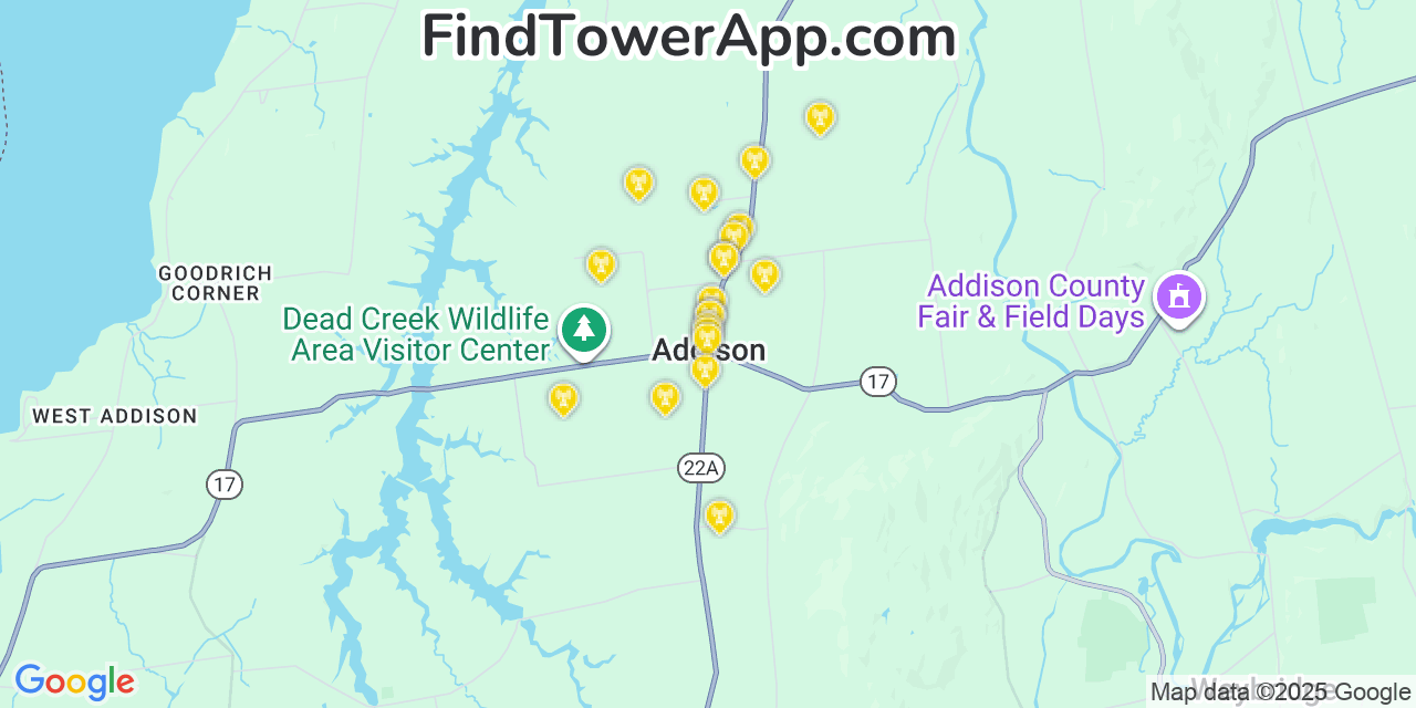 Map showing the 20 primary cell tower locations detected in Addison, Vermont from AT&T, Verizon, and T-Mobile networks
