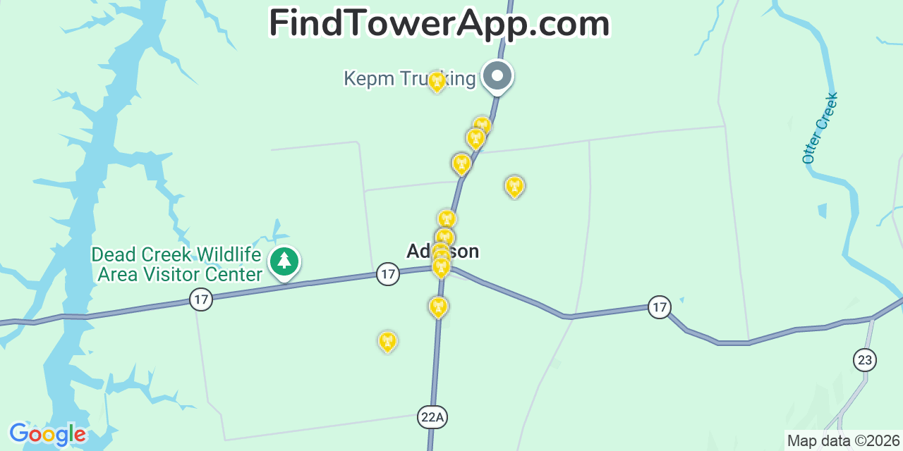 Map showing the 20 primary cell tower locations detected in Addison, Vermont from AT&T, Verizon, and T-Mobile networks