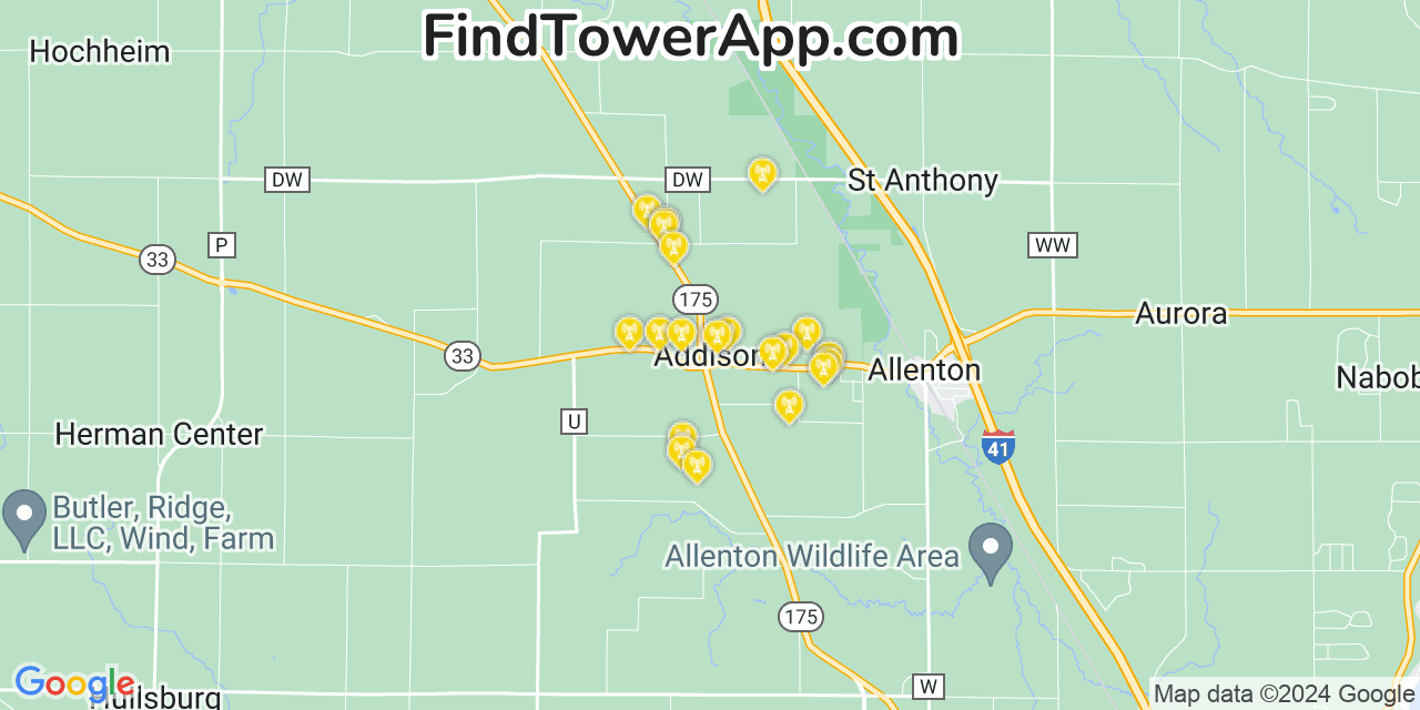 AT&T 4G/5G cell tower coverage map Addison, Wisconsin