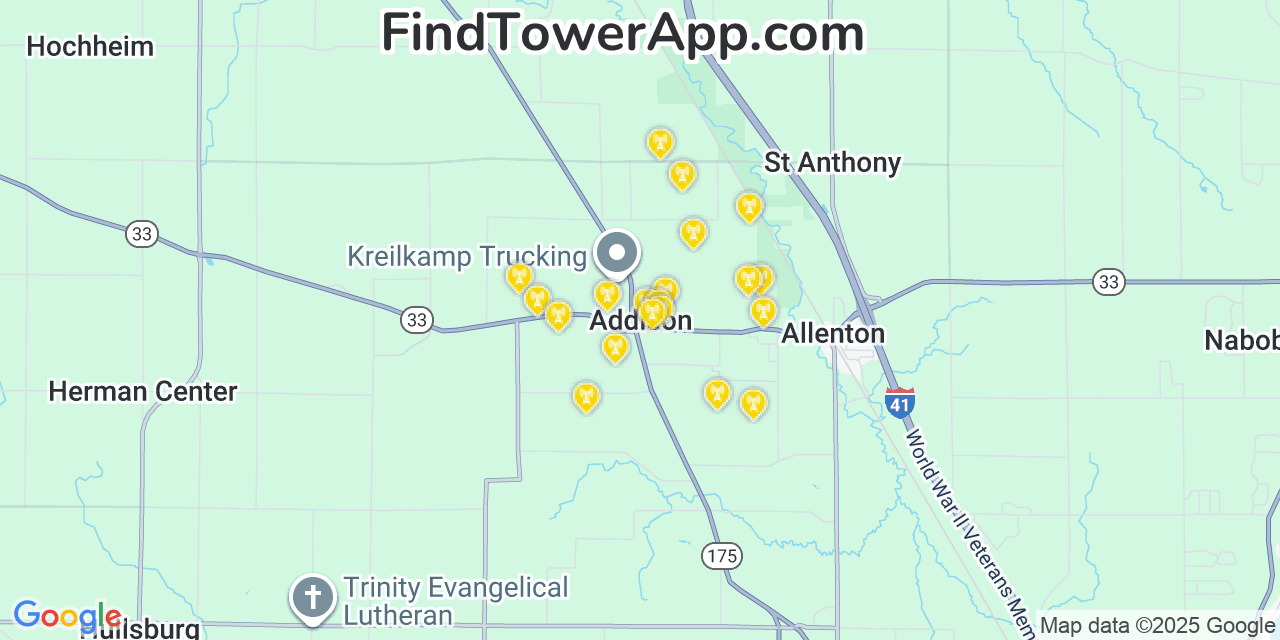 Map showing the 20 primary cell tower locations detected in Addison, Wisconsin from AT&T, Verizon, and T-Mobile networks