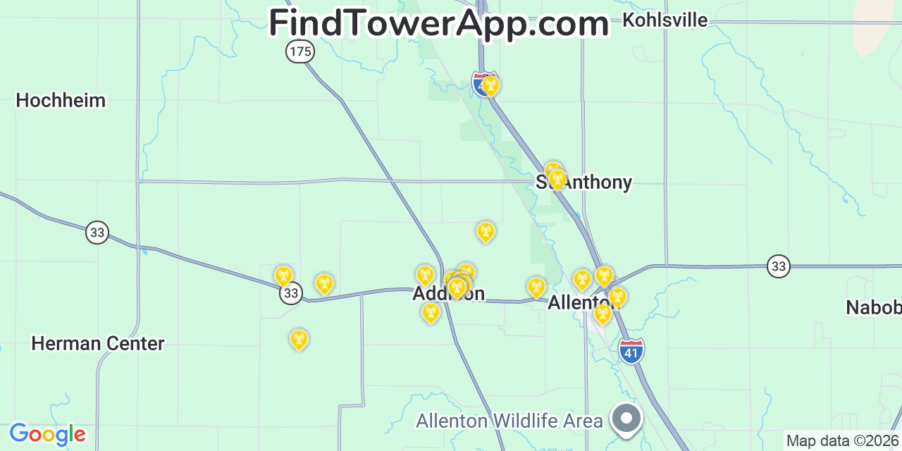 Map showing the 20 primary cell tower locations detected in Addison, Wisconsin from AT&T, Verizon, and T-Mobile networks
