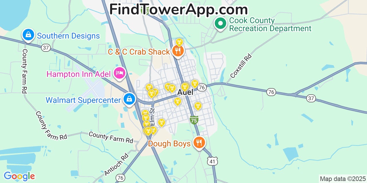 Map showing the 20 primary cell tower locations detected in Adel, Georgia from AT&T, Verizon, and T-Mobile networks
