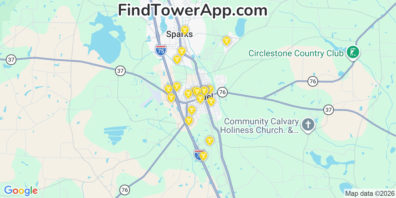 Map showing the 20 primary cell tower locations detected in Adel, Georgia from AT&T, Verizon, and T-Mobile networks