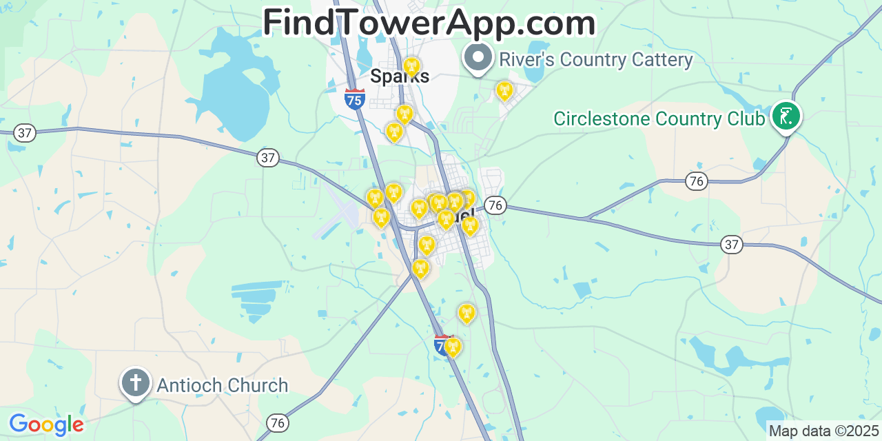 Map showing the 20 primary Mobitel cell tower locations detected in Adel, Georgia with coverage radius and signal strength indicators