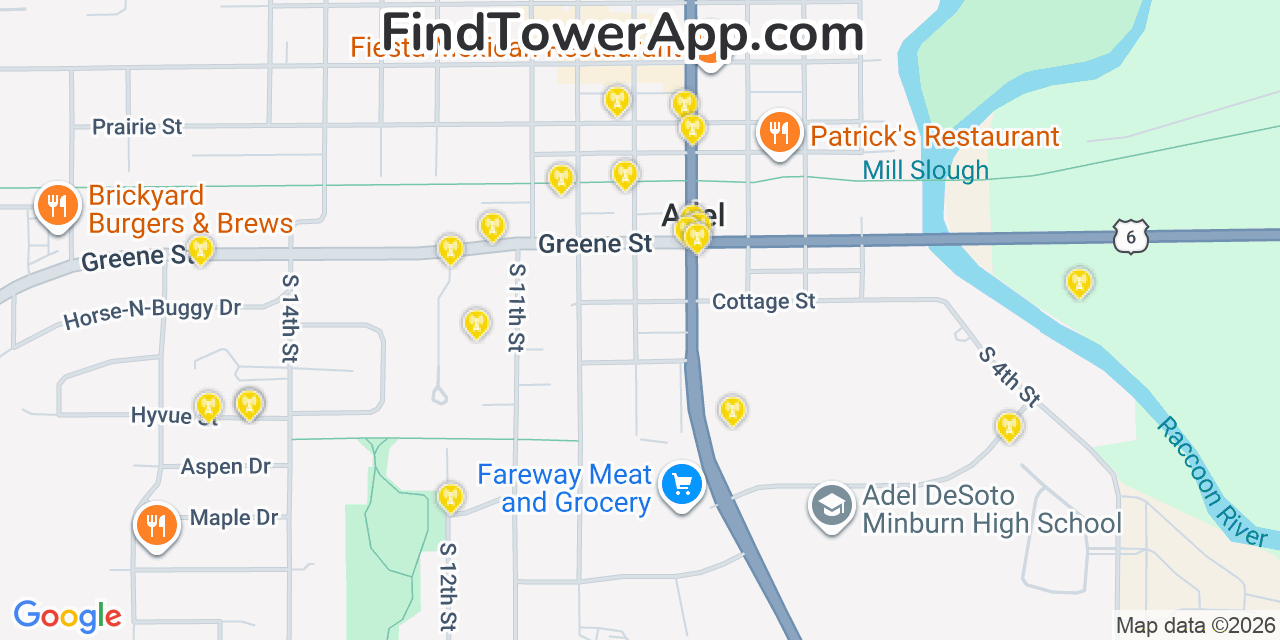 Map showing the 20 primary cell tower locations detected in Adel, Iowa from AT&T, Verizon, and T-Mobile networks