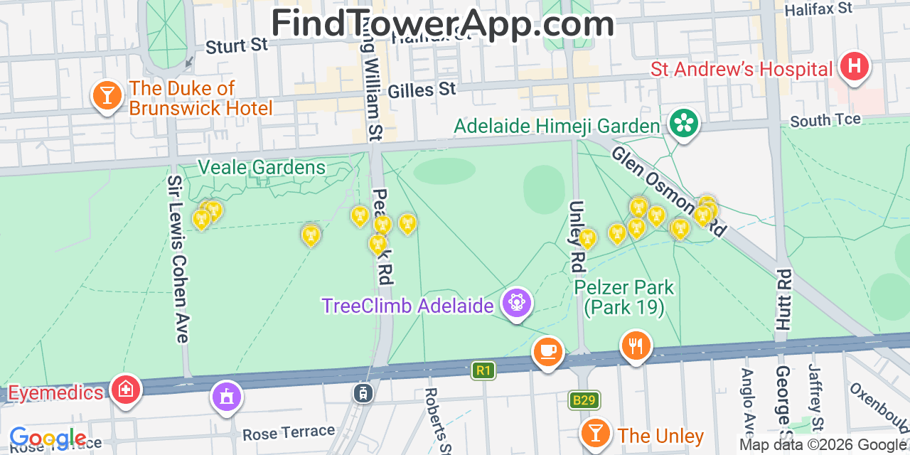 Map showing the 20 primary T-Mobile cell tower locations detected in Adelaide, Australia0