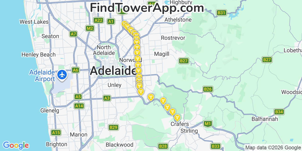 Map showing the 39 primary Clermont Coal cell tower locations in Adelaide, Australia
