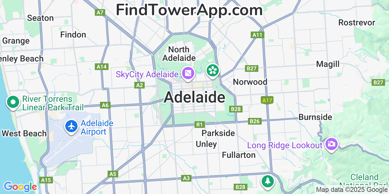 Map showing the 0 primary MessageBird cell tower locations detected in Adelaide, Australia with coverage radius and signal strength indicators