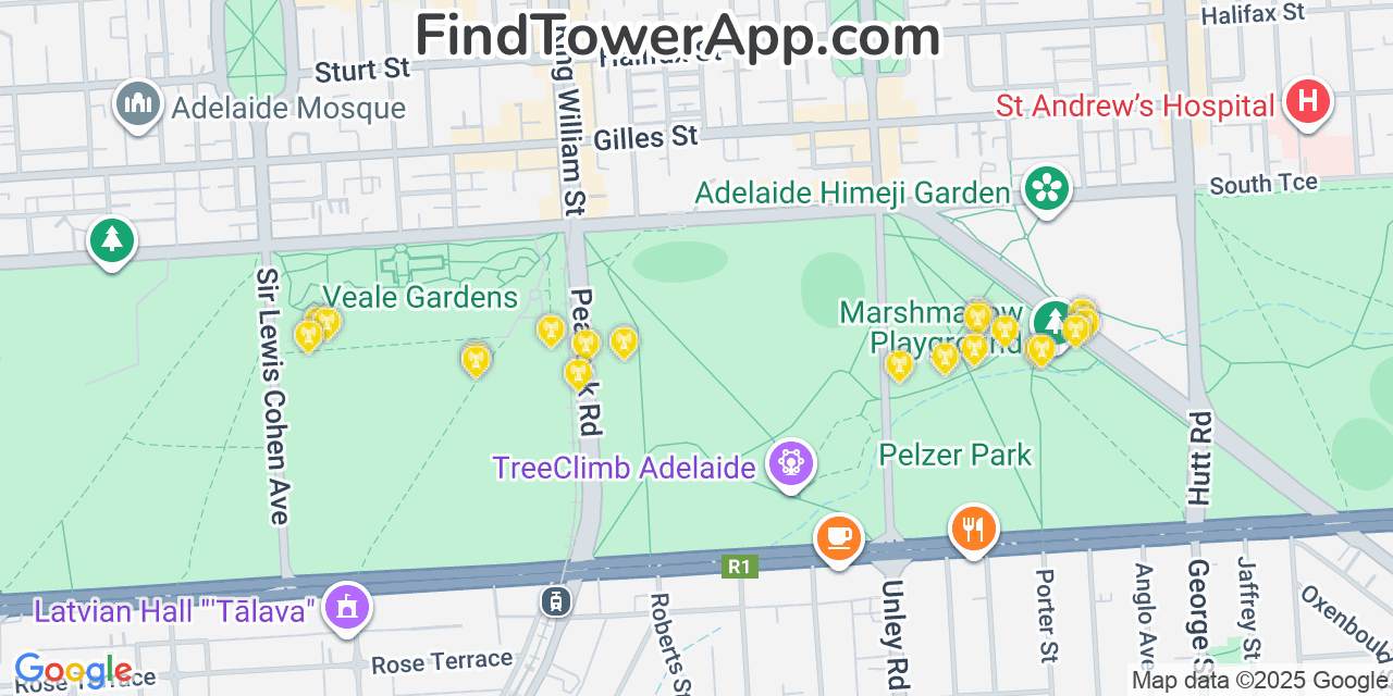 Map showing the 20 primary cell tower locations detected in Adelaide, Australia with coverage areas and signal strength