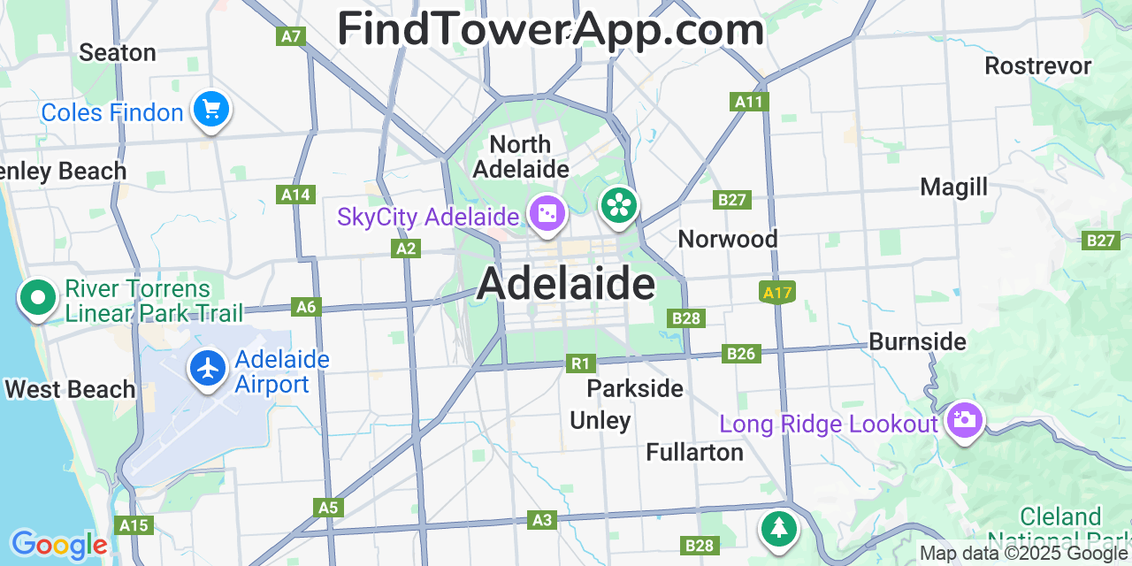 Map showing the 0 primary Optus cell tower locations detected in Adelaide, Australia with coverage radius and signal strength indicators