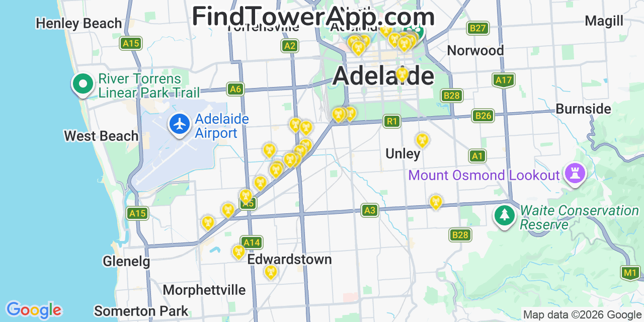 Map showing the 36 primary Pilbara Iron cell tower locations in Adelaide, Australia