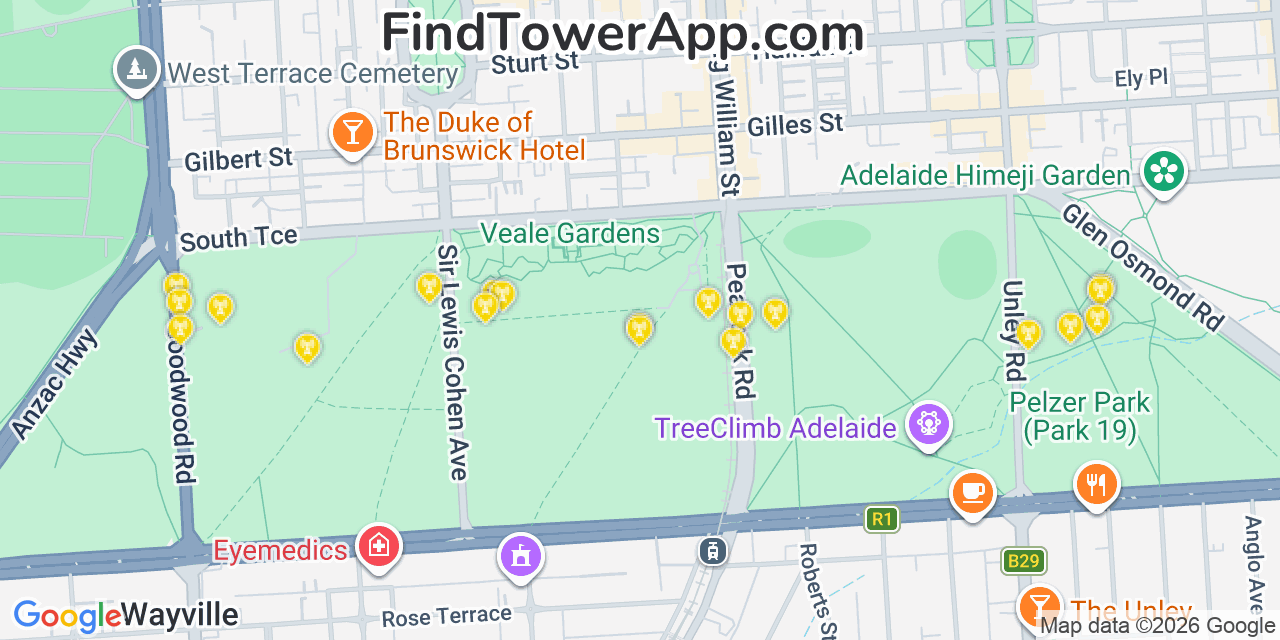 Map showing the 20 primary Verizon cell tower locations detected in Adelaide, (Select 198766*667891 From Dual) with coverage radius and signal strength indicators