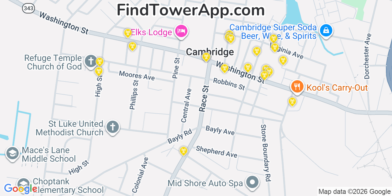 Map showing the 20 primary cell tower locations detected in Adelaide, @@8Cg8E from AT&T, Verizon, and T-Mobile networks