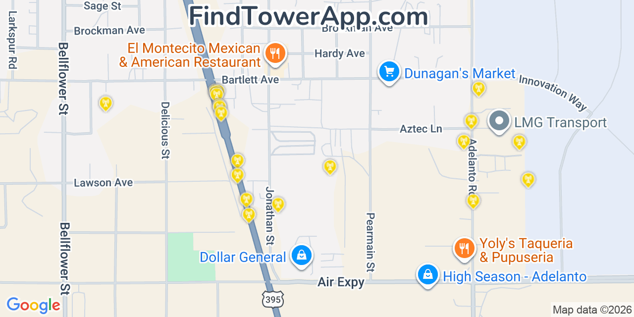 Map showing the 20 primary cell tower locations detected in Adelanto, California from AT&T, Verizon, and T-Mobile networks
