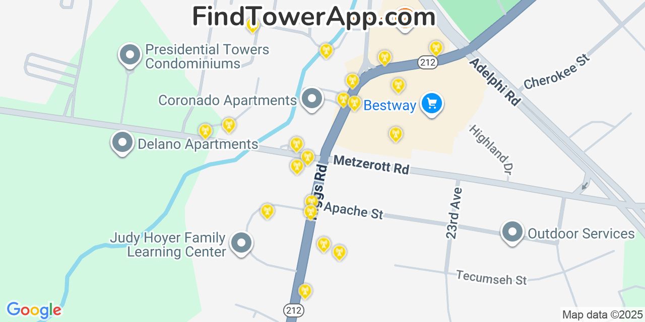 Map showing the 20 primary cell tower locations detected in Adelphi, Maryland from AT&T, Verizon, and T-Mobile networks