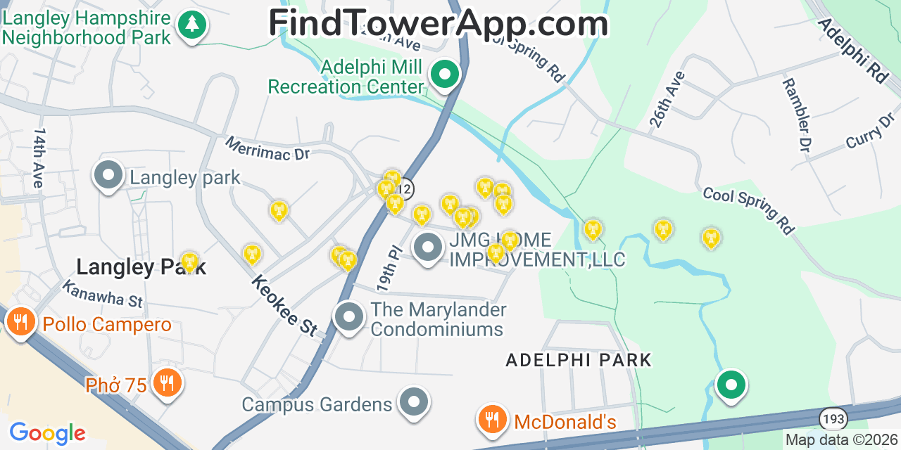 Map showing the 20 primary cell tower locations detected in Adelphi, Maryland from AT&T, Verizon, and T-Mobile networks