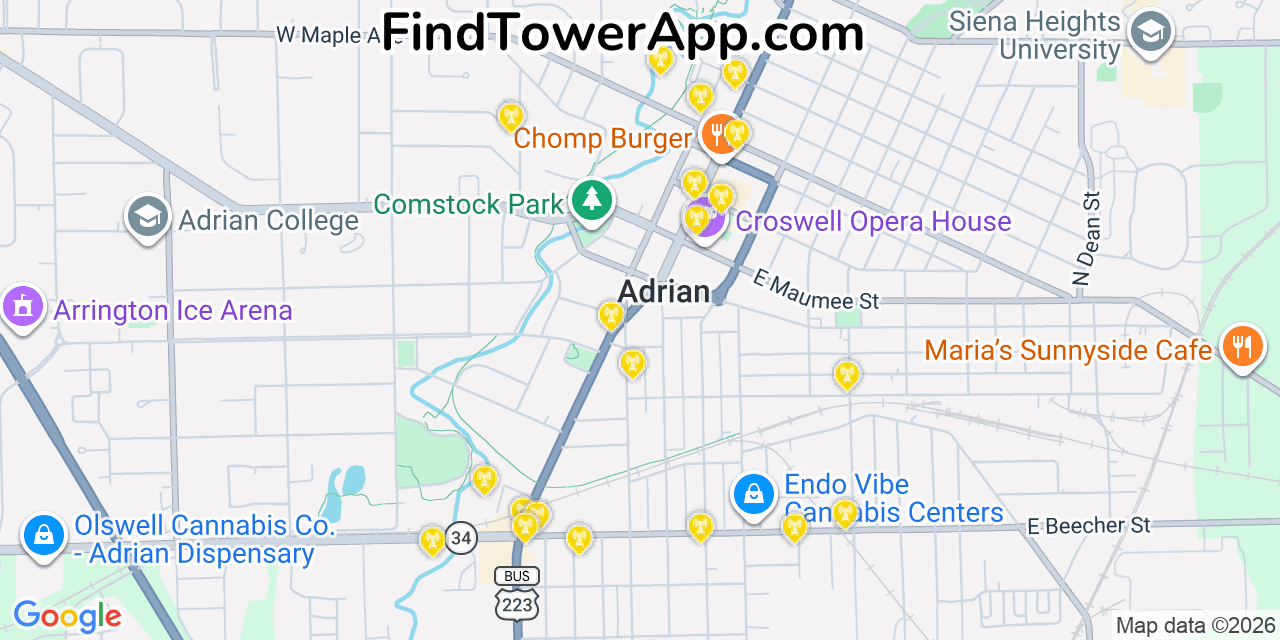 Map showing the 20 primary cell tower locations detected in Adrian, Michigan from AT&T, Verizon, and T-Mobile networks