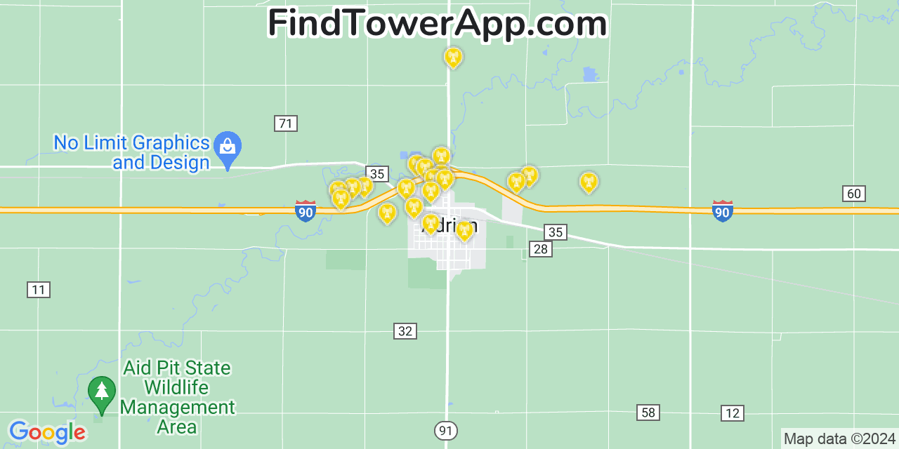 AT&T 4G/5G cell tower coverage map Adrian, Minnesota