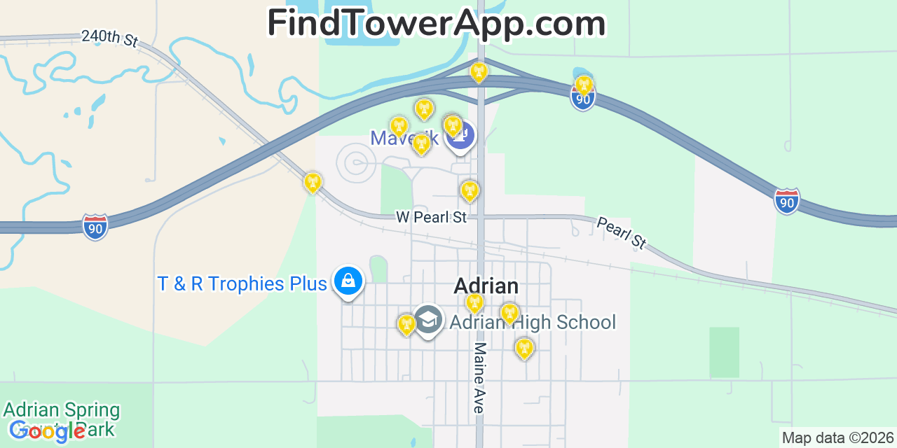 Map showing the 20 primary cell tower locations detected in Adrian, Minnesota from AT&T, Verizon, and T-Mobile networks