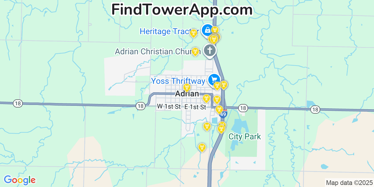 Map showing the 20 primary cell tower locations detected in Adrian, Missouri from AT&T, Verizon, and T-Mobile networks