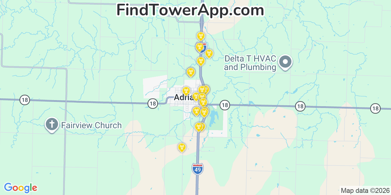Map showing the 20 primary cell tower locations detected in Adrian, Missouri from AT&T, Verizon, and T-Mobile networks