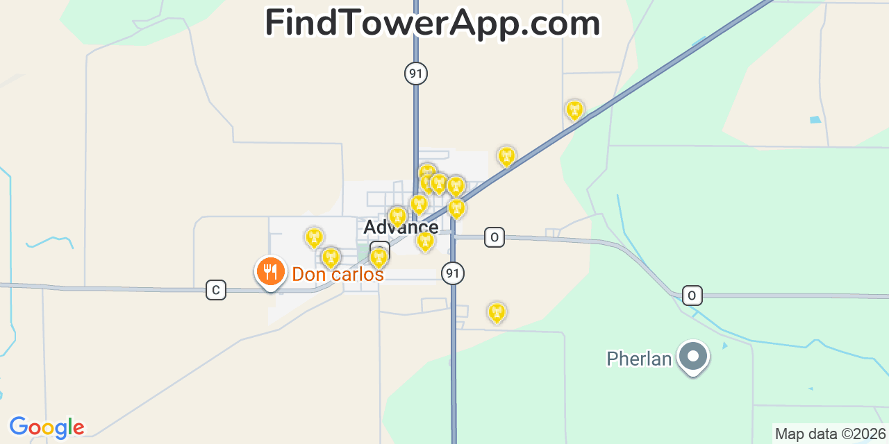 Map showing the 20 primary cell tower locations detected in Advance, Missouri from AT&T, Verizon, and T-Mobile networks