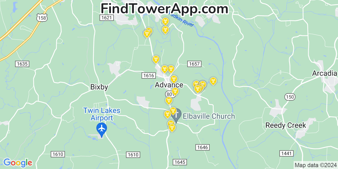 AT&T 4G/5G cell tower coverage map Advance, North Carolina