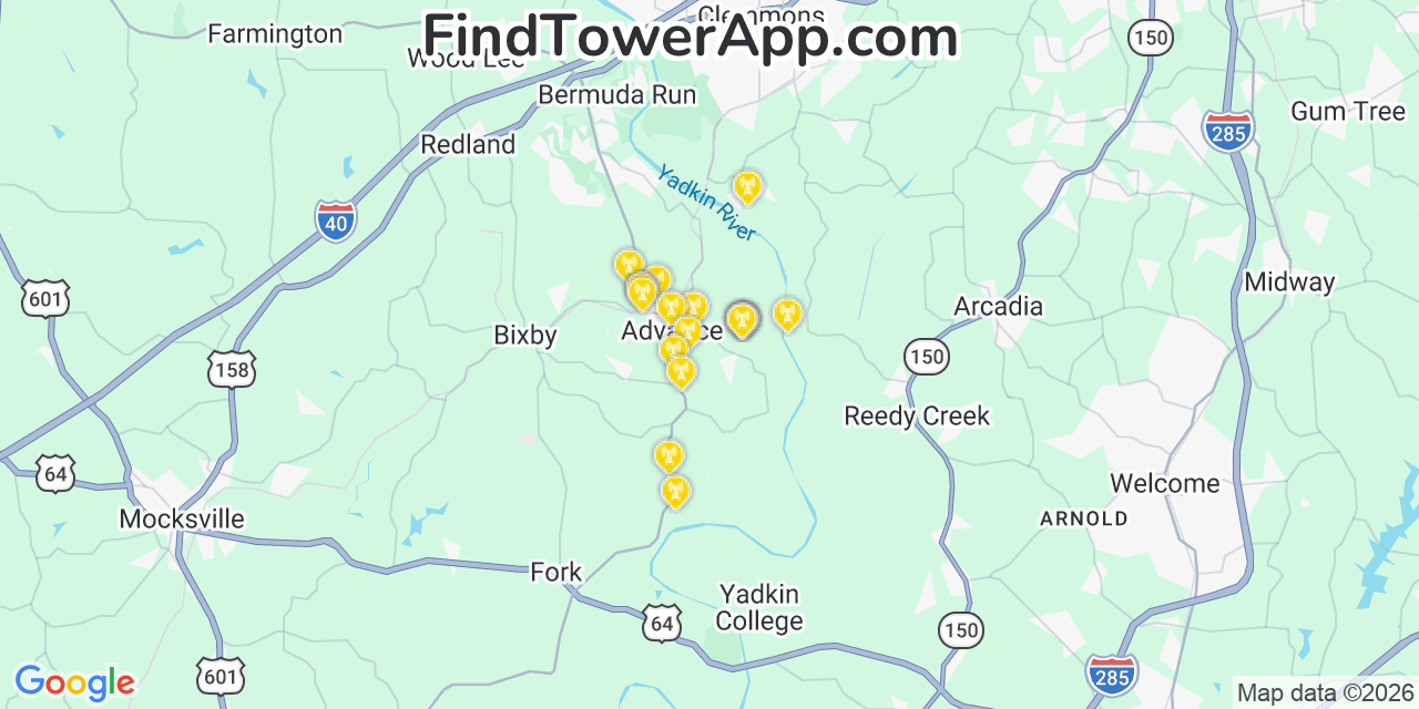 Map showing the 20 primary cell tower locations detected in Advance, North Carolina from AT&T, Verizon, and T-Mobile networks