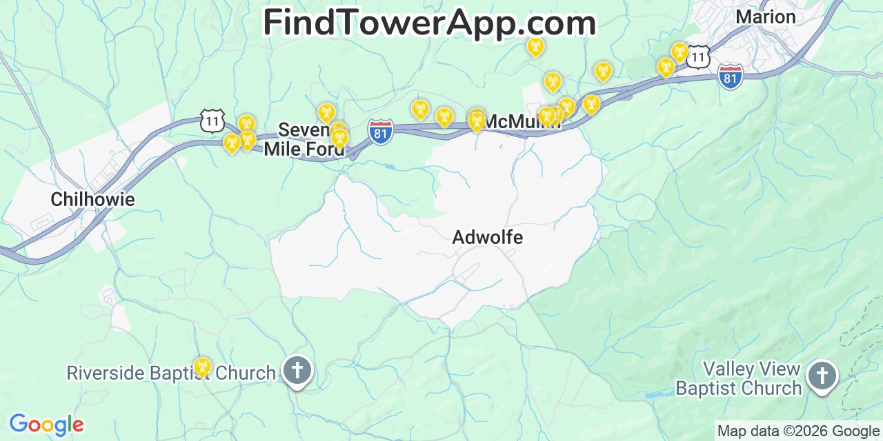 Map showing the 20 primary cell tower locations detected in Adwolf, Virginia from AT&T, Verizon, and T-Mobile networks