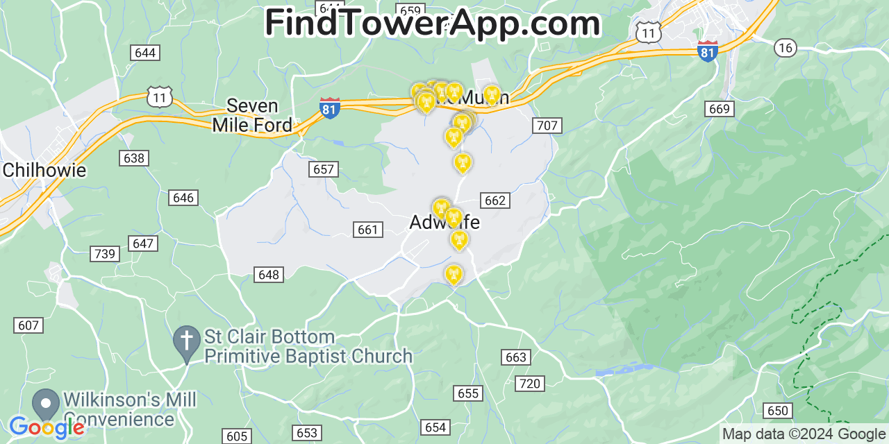 Verizon 4G/5G cell tower coverage map Adwolf, Virginia