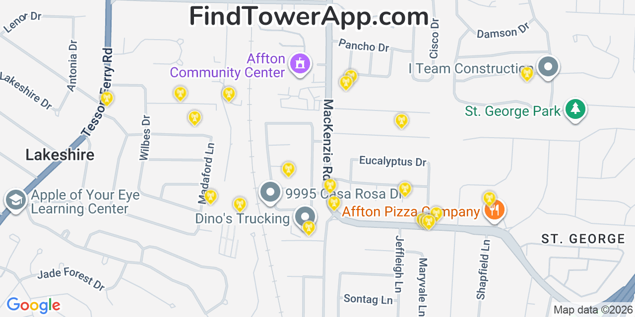 Map showing the 20 primary cell tower locations detected in Affton, Missouri from AT&T, Verizon, and T-Mobile networks