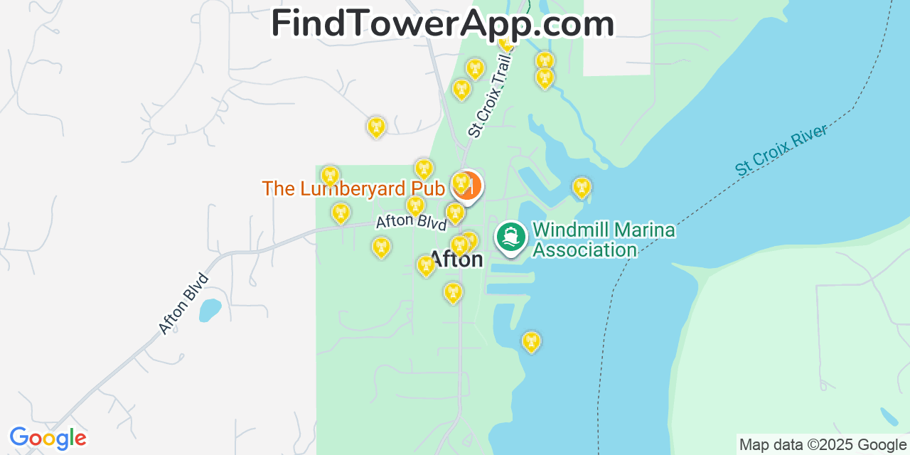 Map showing the 20 primary cell tower locations detected in Afton, Minnesota from AT&T, Verizon, and T-Mobile networks