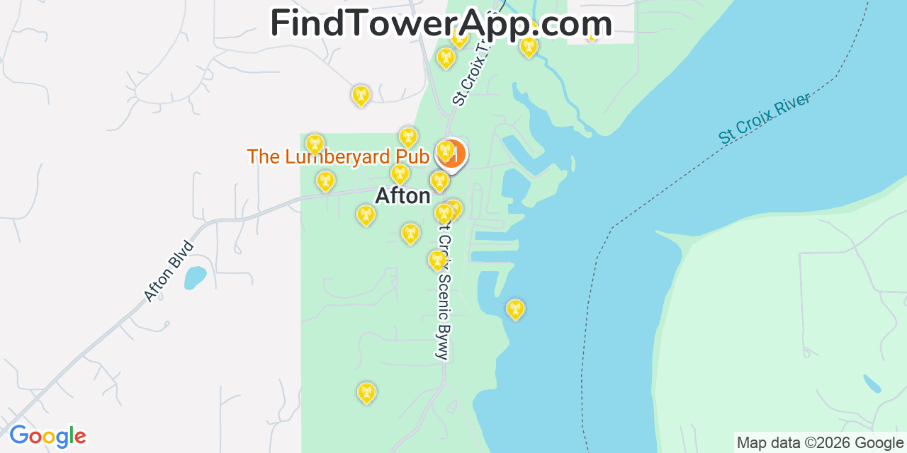 Map showing the 20 primary cell tower locations detected in Afton, Minnesota from AT&T, Verizon, and T-Mobile networks