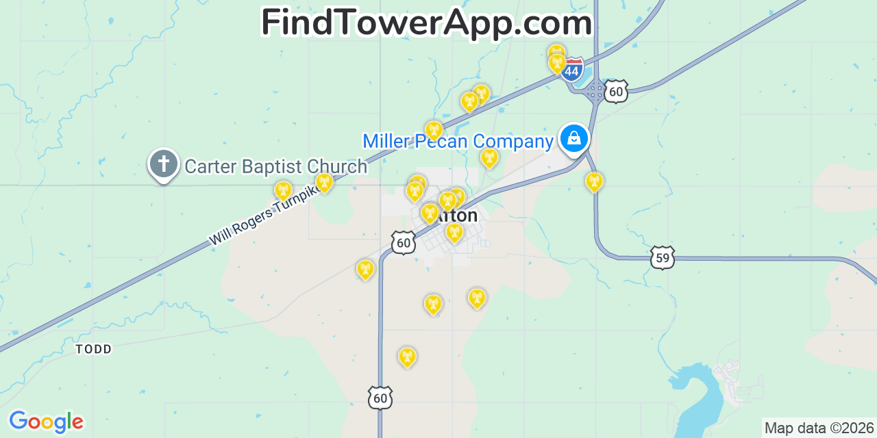Map showing the 20 primary cell tower locations detected in Afton, Oklahoma from AT&T, Verizon, and T-Mobile networks