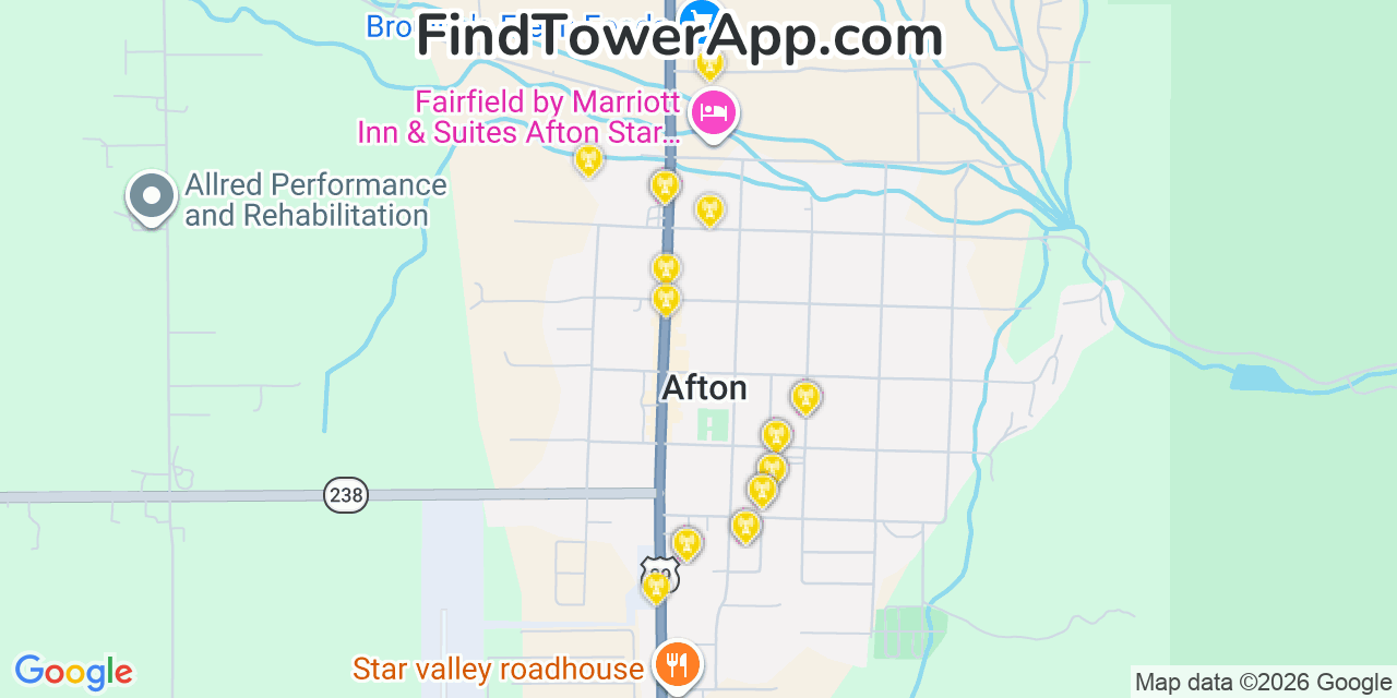 Map showing the 20 primary cell tower locations detected in Afton, Wyoming from AT&T, Verizon, and T-Mobile networks