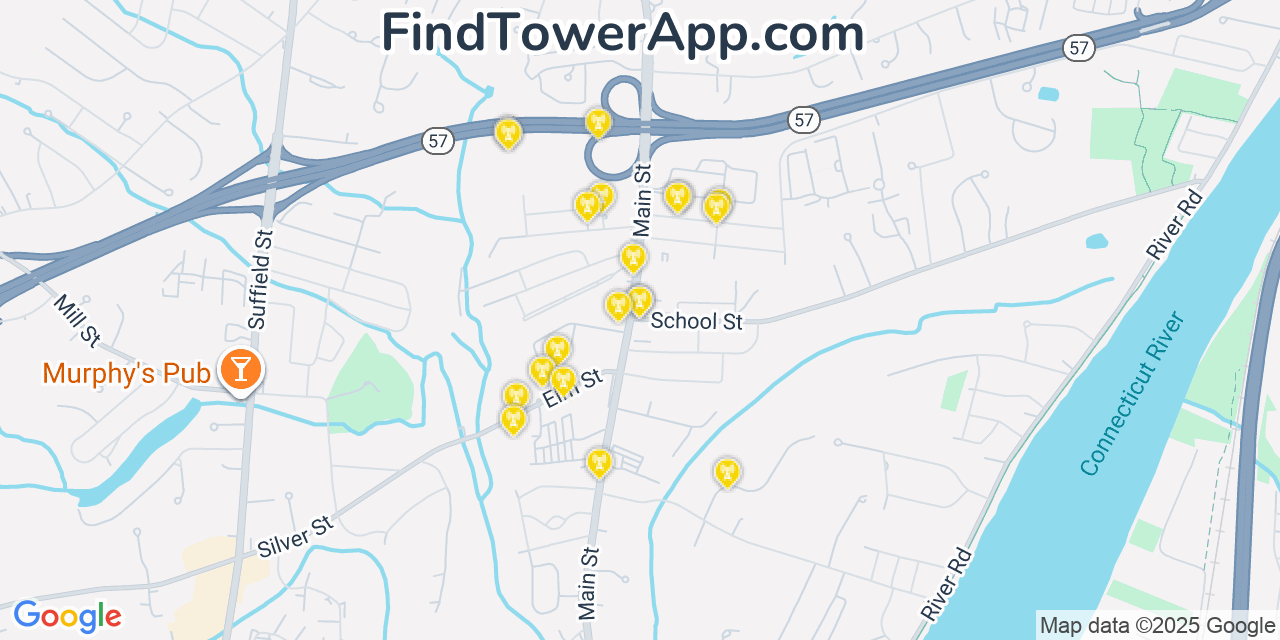 Map showing the 20 primary cell tower locations detected in Agawam, Massachusetts from AT&T, Verizon, and T-Mobile networks
